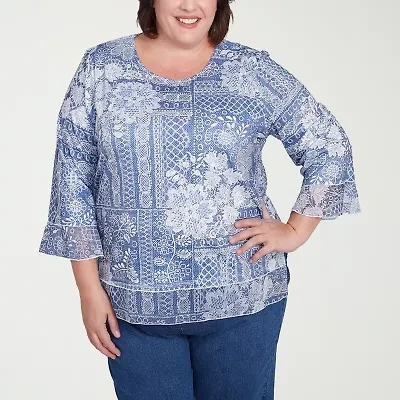 Alfred Dunner Flower Power Womens Crew Neck 3/4 Sleeve Stretch Fabric Plus T-Shirt