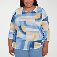 Alfred Dunner Flower Power Womens Split Crew Neck 3/4 Sleeve Stretch Fabric Plus T-Shirt