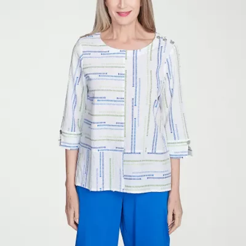 Alfred Dunner Parrot Cay Womens Crew Neck 3/4 Sleeve Blouse