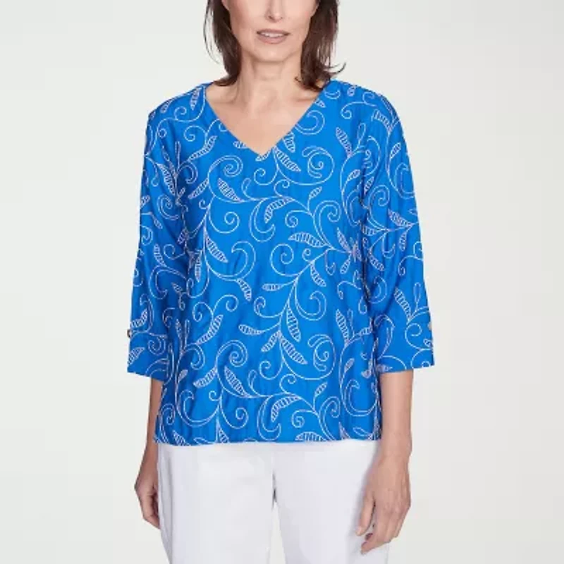 Alfred Dunner Parrot Cay Womens V Neck 3/4 Sleeve Embroidered Blouse
