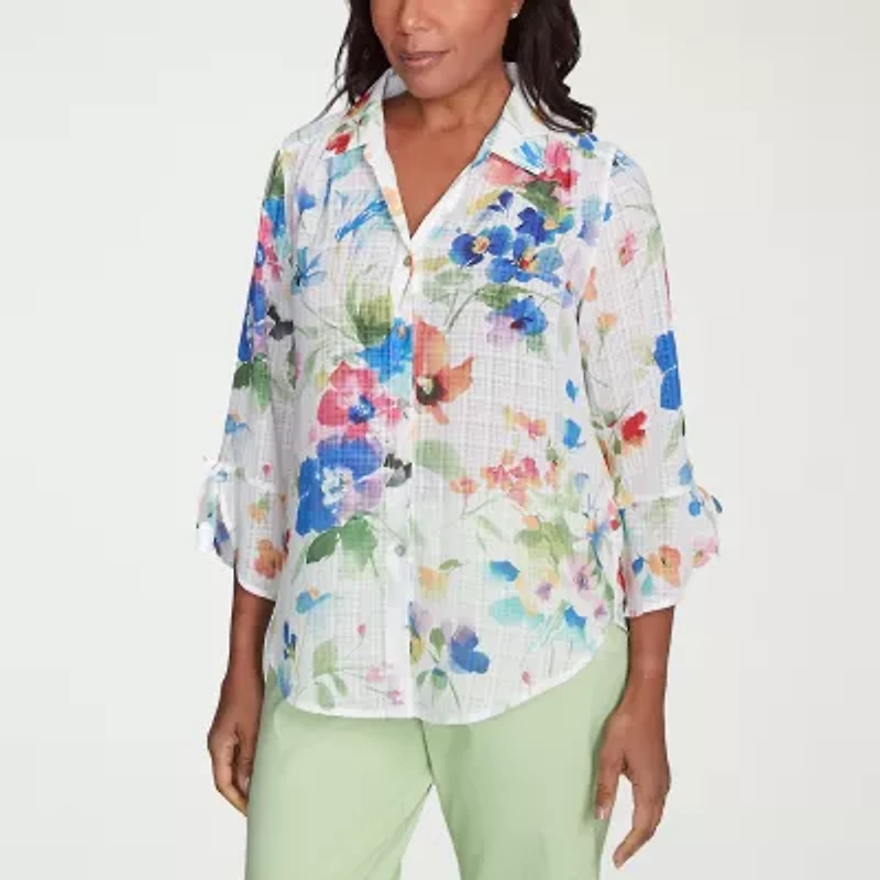Alfred Dunner Parrot Cay Womens 3/4 Sleeve Button-Down Shirt