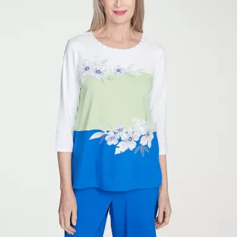 Alfred Dunner Parrot Cay Womens Crew Neck 3/4 Sleeve T-Shirt