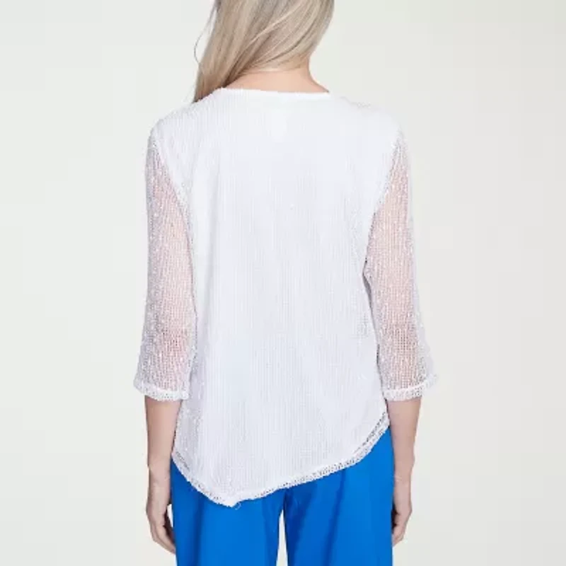 Alfred Dunner Parrot Cay Womens Crew Neck 3/4 Sleeve Lined Blouse