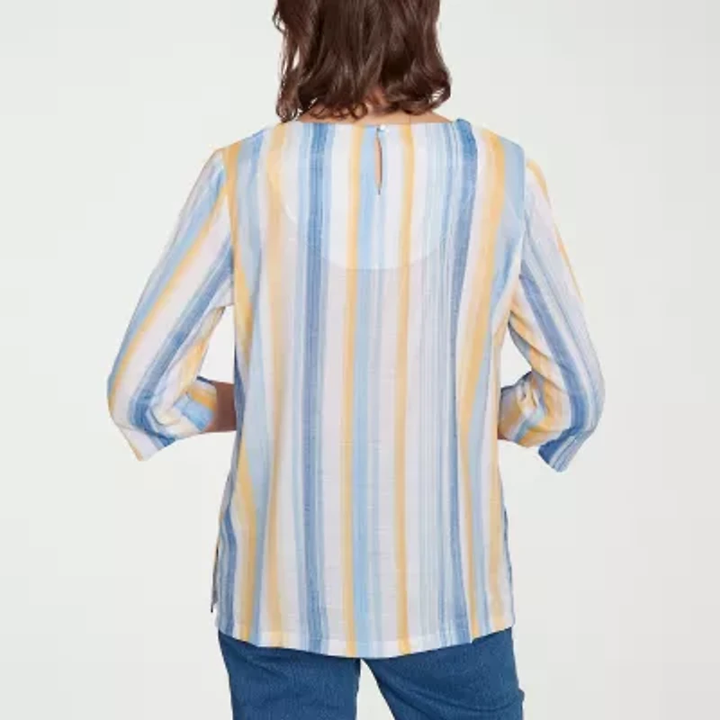 Alfred Dunner Flower Power Womens Split Crew Neck 3/4 Sleeve Blouse