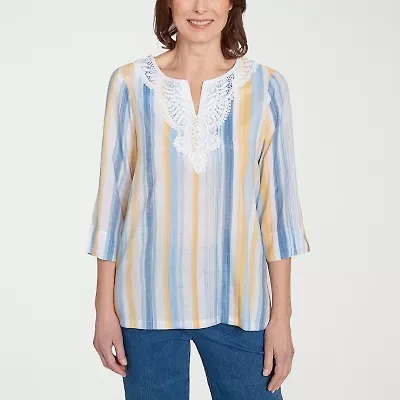 Alfred Dunner Flower Power Womens Split Crew Neck 3/4 Sleeve Blouse