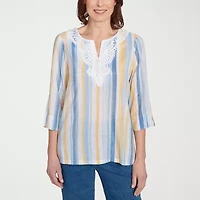 Alfred Dunner Flower Power Womens Split Crew Neck 3/4 Sleeve Blouse