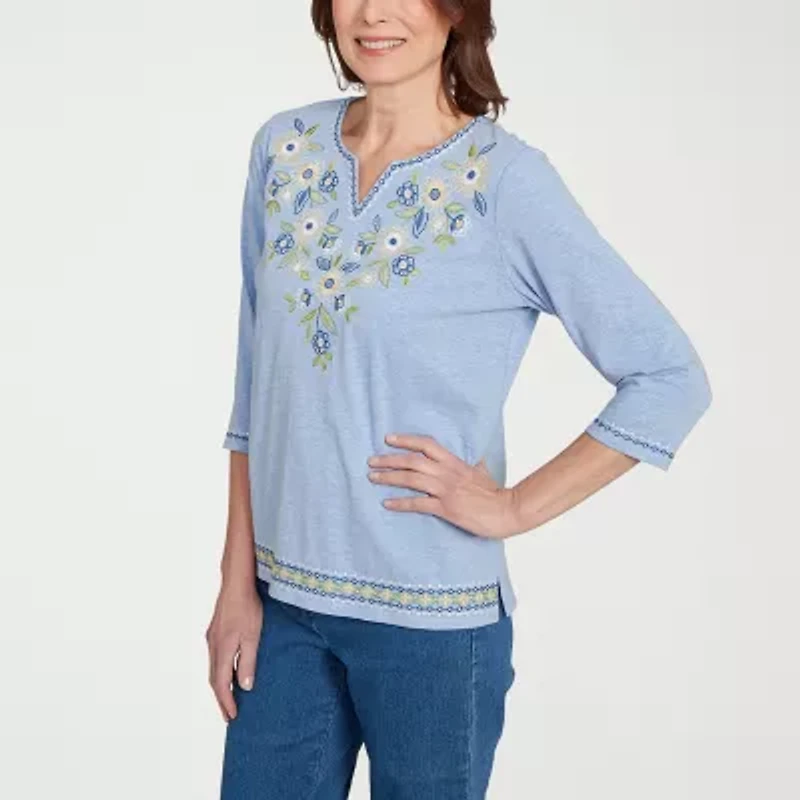 Alfred Dunner Flower Power Womens Split Crew Neck 3/4 Sleeve T-Shirt