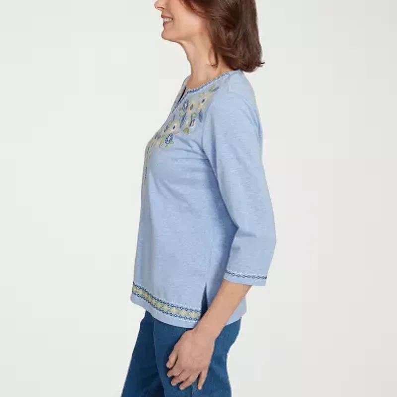 Alfred Dunner Flower Power Womens Split Crew Neck 3/4 Sleeve T-Shirt