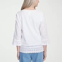 Alfred Dunner Flower Power Womens Split Crew Neck 3/4 Sleeve Embroidered Blouse