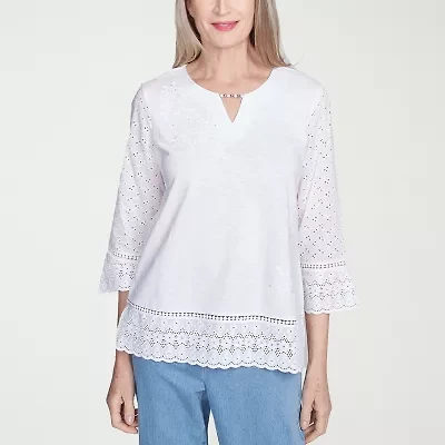 Alfred Dunner Flower Power Womens Split Crew Neck 3/4 Sleeve Embroidered Blouse
