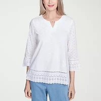 Alfred Dunner Flower Power Womens Split Crew Neck 3/4 Sleeve Embroidered Blouse