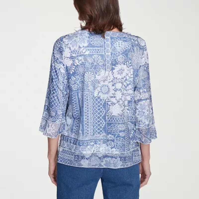 Alfred Dunner Flower Power Womens Crew Neck 3/4 Sleeve Stretch Fabric T-Shirt