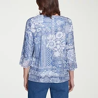 Alfred Dunner Flower Power Womens Crew Neck 3/4 Sleeve Stretch Fabric T-Shirt