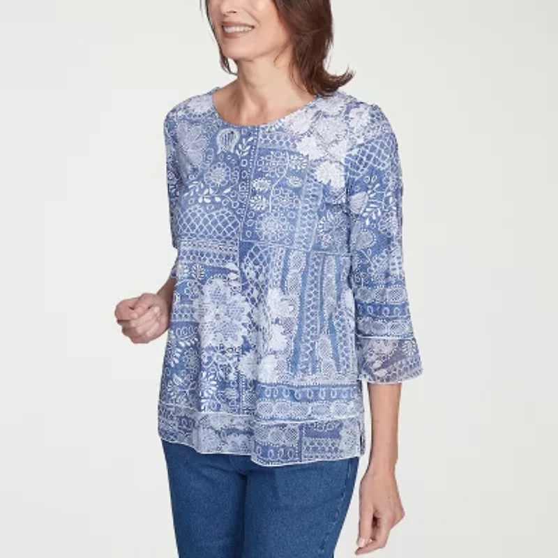 Alfred Dunner Flower Power Womens Crew Neck 3/4 Sleeve Stretch Fabric T-Shirt