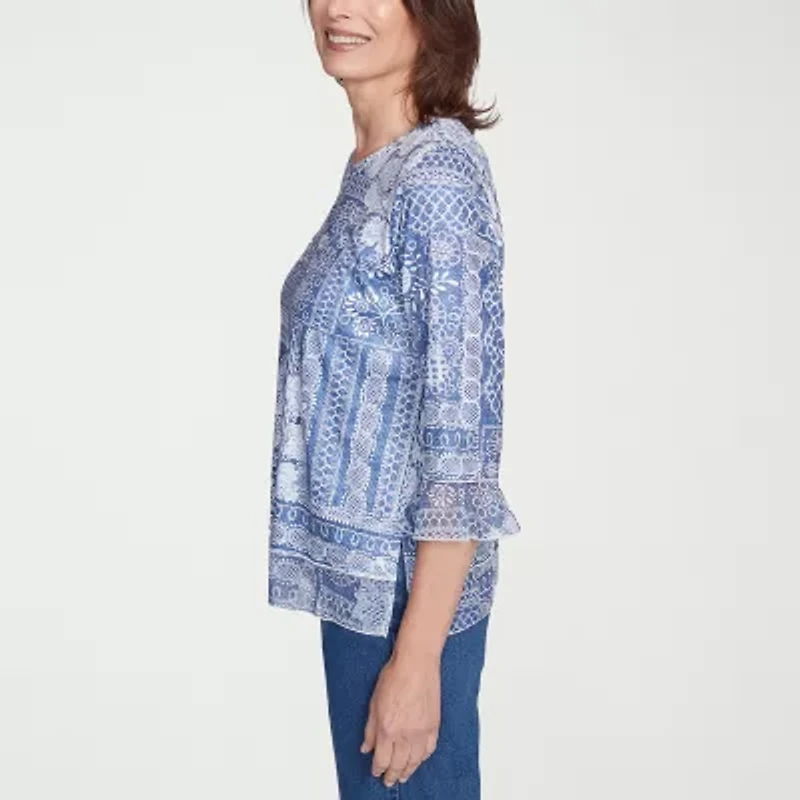 Alfred Dunner Flower Power Womens Crew Neck 3/4 Sleeve Stretch Fabric T-Shirt