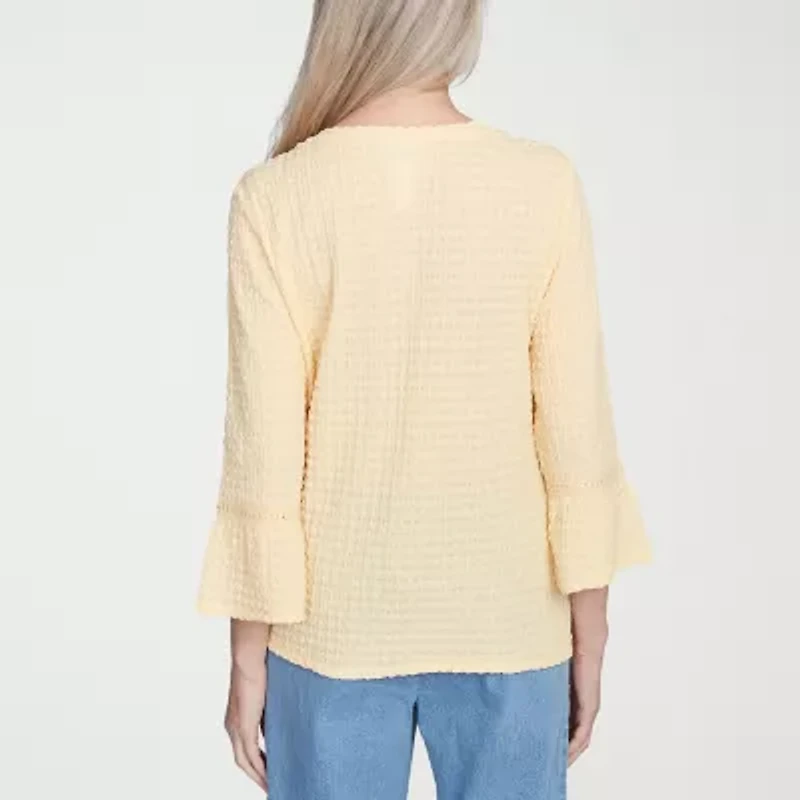 Alfred Dunner Flower Power Womens Crew Neck 3/4 Sleeve Stretch Fabric T-Shirt