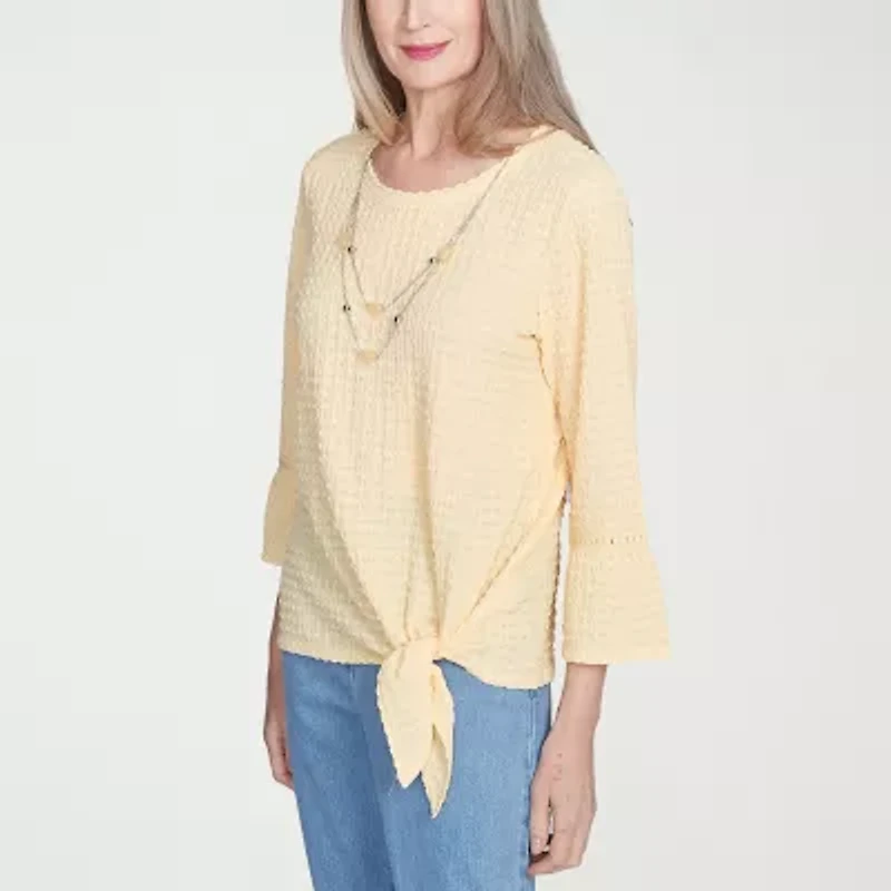 Alfred Dunner Flower Power Womens Crew Neck 3/4 Sleeve Stretch Fabric T-Shirt