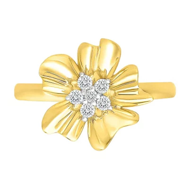 Womens 1/8 CT. T.W. Natural White Diamond 10K Gold Flower Cocktail Ring
