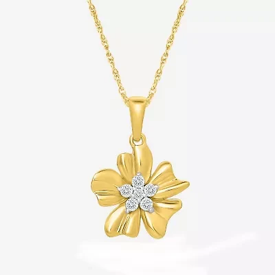 Womens 1/8 CT. T.W. Natural White Diamond 10K Gold Flower 18 Inch Pendant Necklace