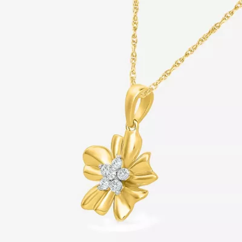 Womens 1/8 CT. T.W. Natural White Diamond 10K Gold Flower 18 Inch Pendant Necklace