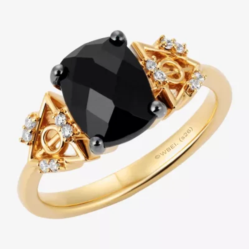 Harry Potter (F/Si2) Womens Lab Grown Diamond Accent Genuine Black Onyx 14K Gold Over Silver Cushion Cocktail Ring