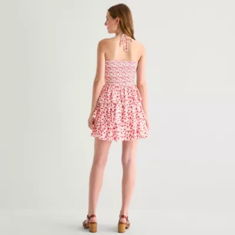 Emerald Sundae Womens Juniors Halter Neck Sleeveless Floral Fit + Flare Dress
