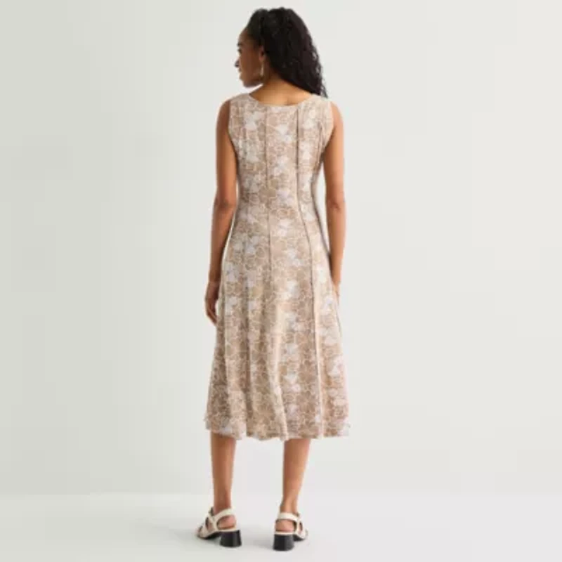 Perceptions Womens Round Neck Sleeveless Floral Fit + Flare Dress