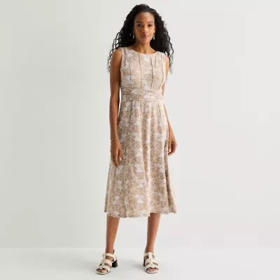 Perceptions Womens Round Neck Sleeveless Floral Fit + Flare Dress