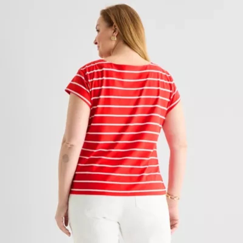 Liz Claiborne Womens Plus Boat Neck Short Sleeve Blouse