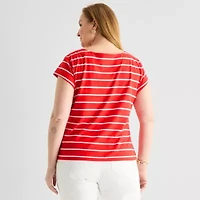 Liz Claiborne Womens Plus Boat Neck Short Sleeve Blouse