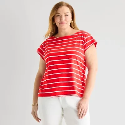 Liz Claiborne Womens Plus Boat Neck Short Sleeve Blouse