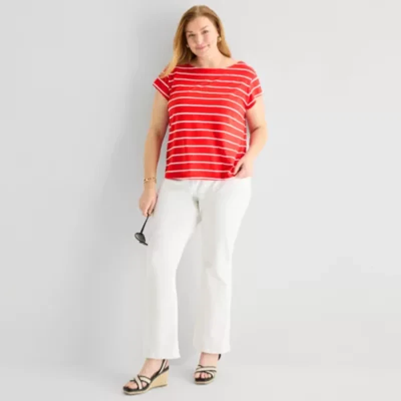 Liz Claiborne Womens Plus Boat Neck Short Sleeve Blouse