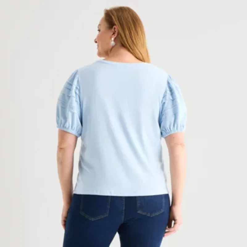 Liz Claiborne Womens Plus Round Neck Short Sleeve Blouse