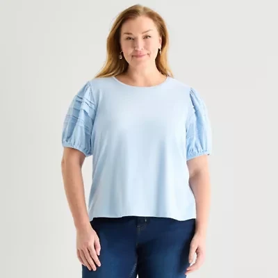 Liz Claiborne Womens Plus Round Neck Short Sleeve Blouse