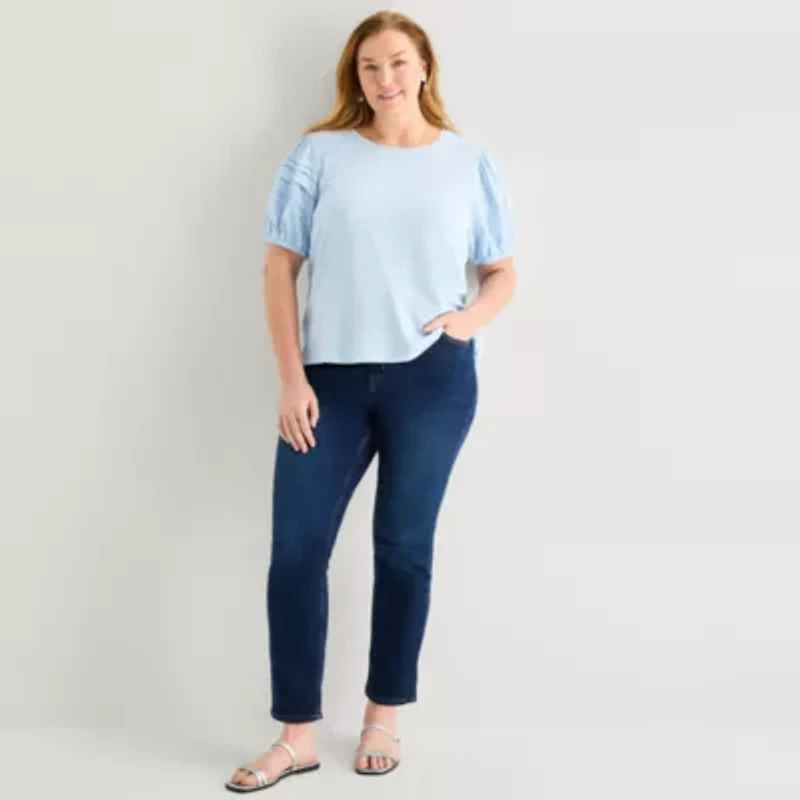 Liz Claiborne Womens Plus Round Neck Short Sleeve Blouse