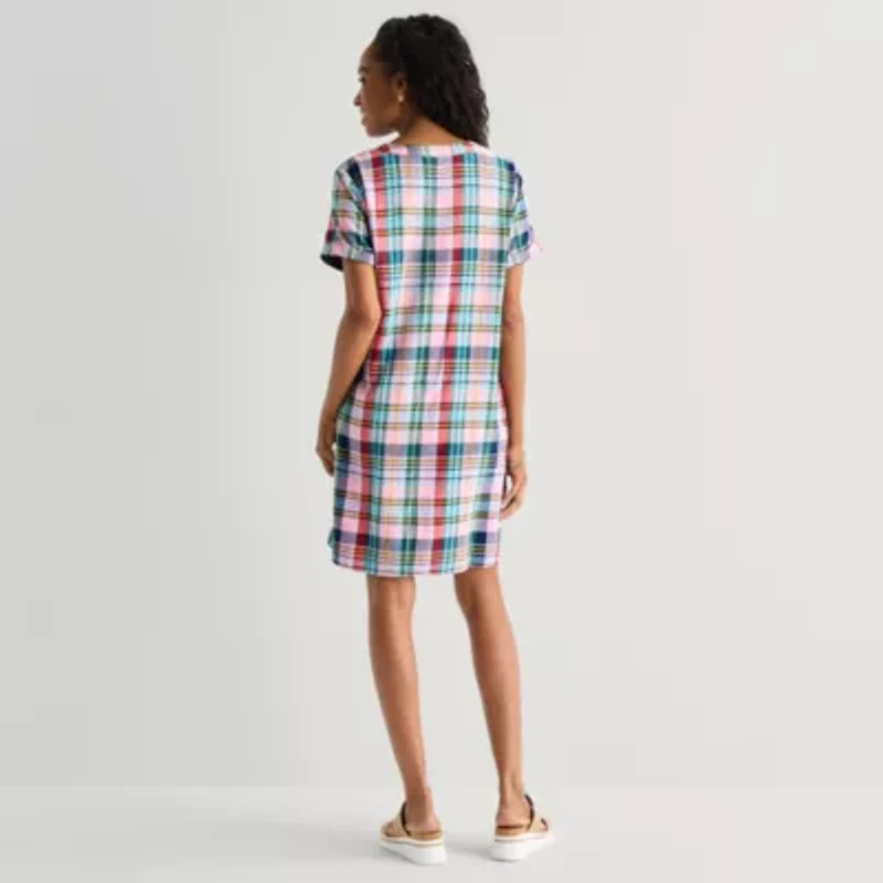 St. John's Bay Womens V Neck Short Sleeve Plaid Shift Dress
