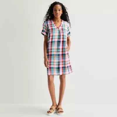 St. John's Bay Womens V Neck Short Sleeve Plaid Shift Dress