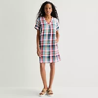 St. John's Bay Womens V Neck Short Sleeve Plaid Shift Dress