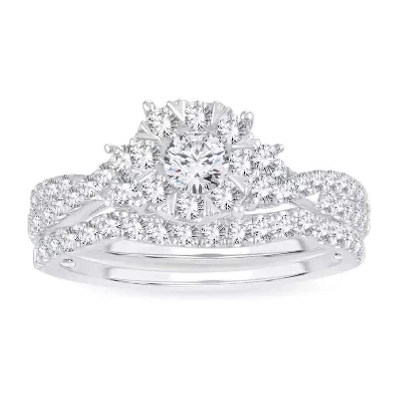 Womens 1 CT. T.W. Natural White Diamond 14K Gold Round Side Stone Halo Bridal Set
