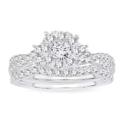 Womens 1 CT. T.W. Natural White Diamond 14K Gold Round Side Stone Halo Bridal Set