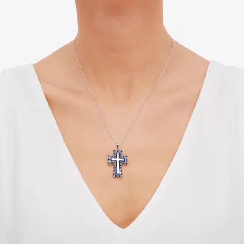 Womens Blue Mother Of Pearl Sterling Silver Cross 18 Inch Pendant Necklace