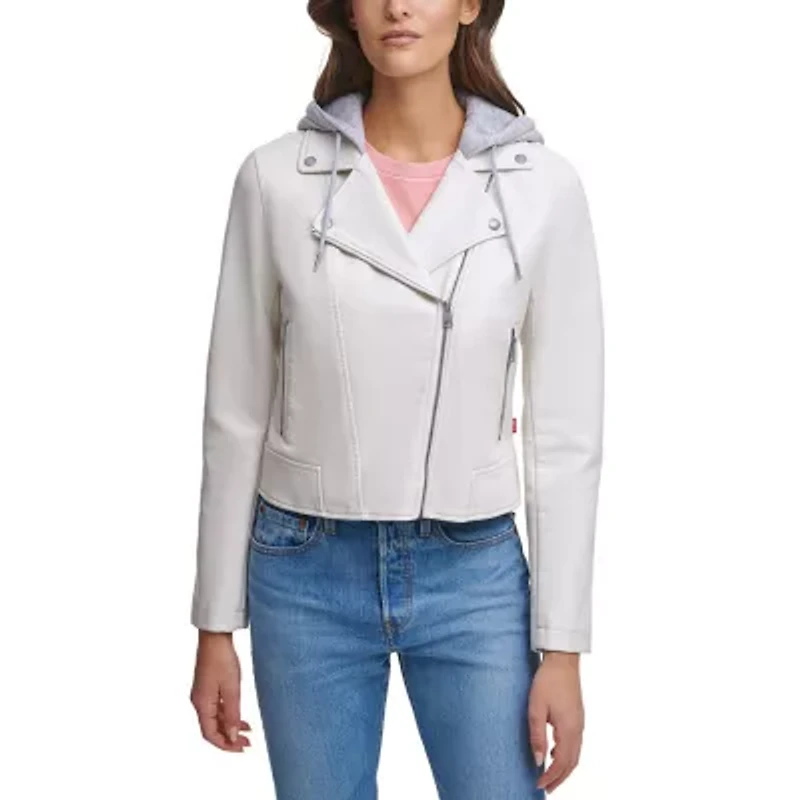 Levi's Womens Faux Leather Hooded Water Resistant Midweight Motorcycle Jacket