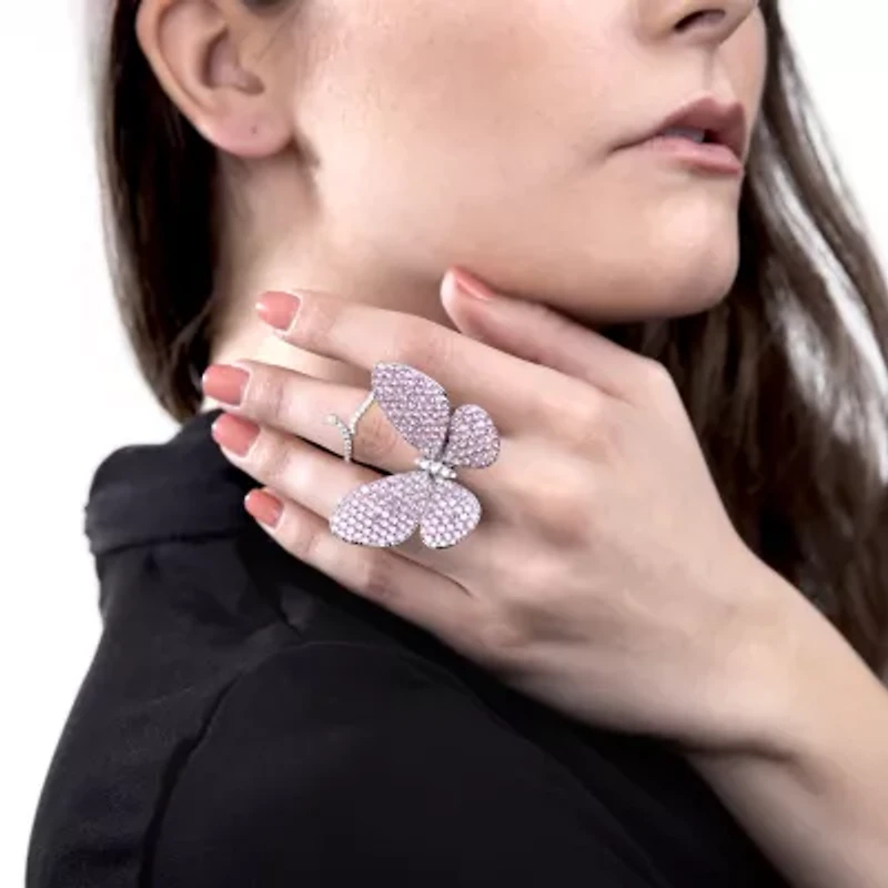 Diamonart Womens Pink Cubic Zirconia Sterling Silver Butterfly Cocktail Ring