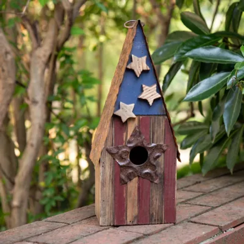 Glitzhome 12.4 Inch Height Wooden Patriotic Distressed Garden Birdhouse with Stars
