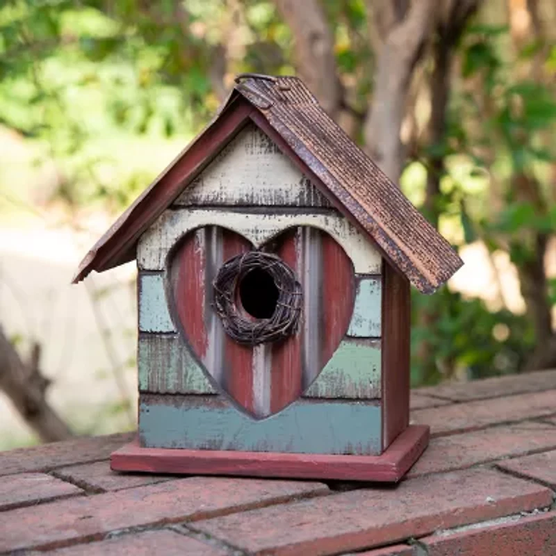 Glitzhome 8.66 Inch Height Distressed Heart Wooden Garden Birdhouse