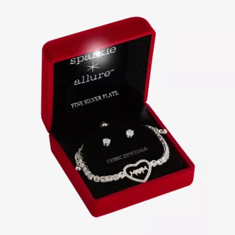 Sparkle Allure Light Up Box Womens Cubic Zirconia Pure Silver Over Brass Heart 2-pc. Jewelry Set