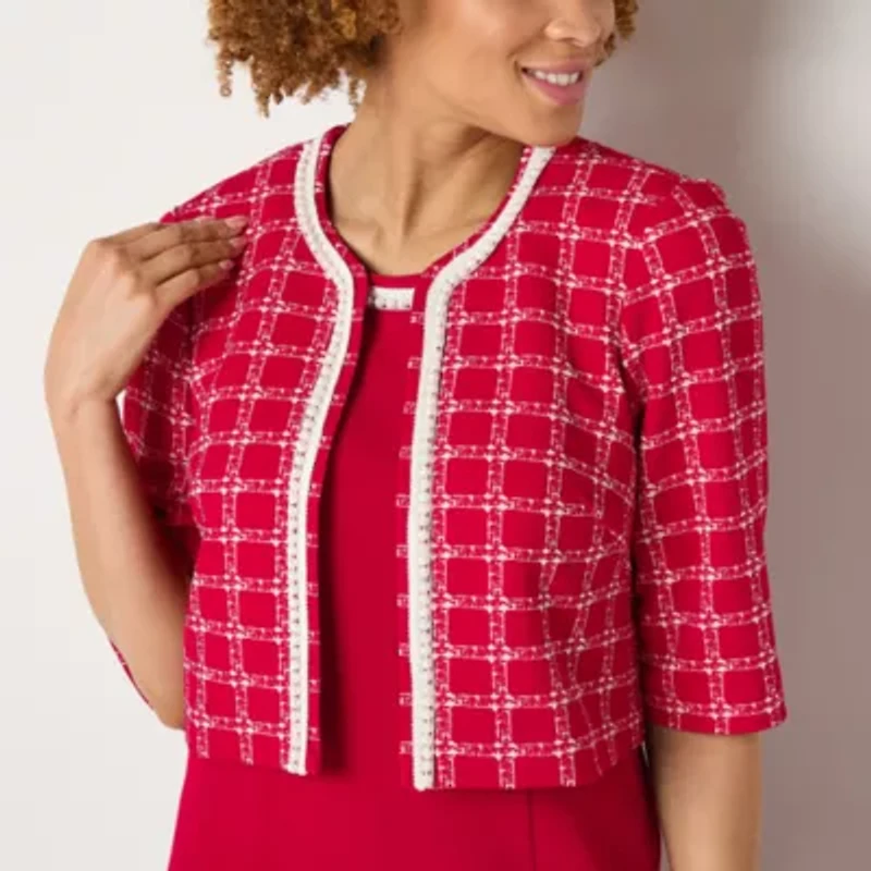 Maya Brooke Womens Pearl Trim Grid Jacket Dress