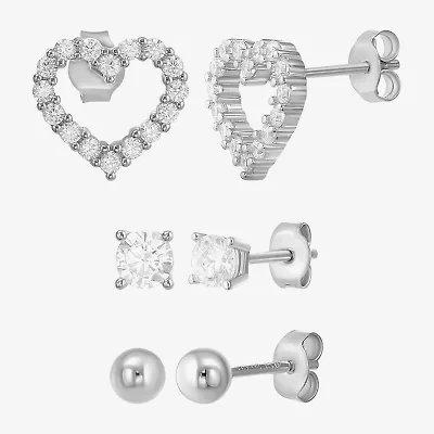 Womens Cubic Zirconia Sterling Silver Heart 3 Pair Earring Set