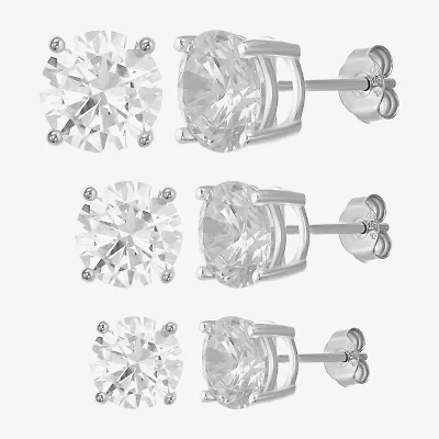 Womens Cubic Zirconia Sterling Silver Round 3 Pair Earring Set