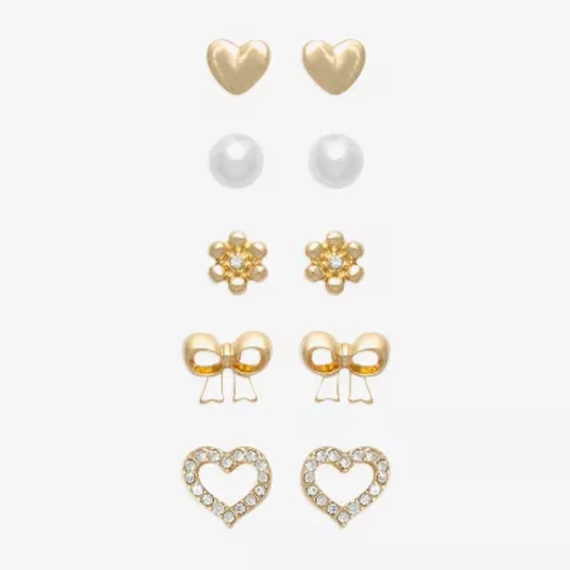 Mixit Womens Cubic Zirconia Simulated Pearl Bow Flower Heart Hypoallergenic 5 Pair Earring Set